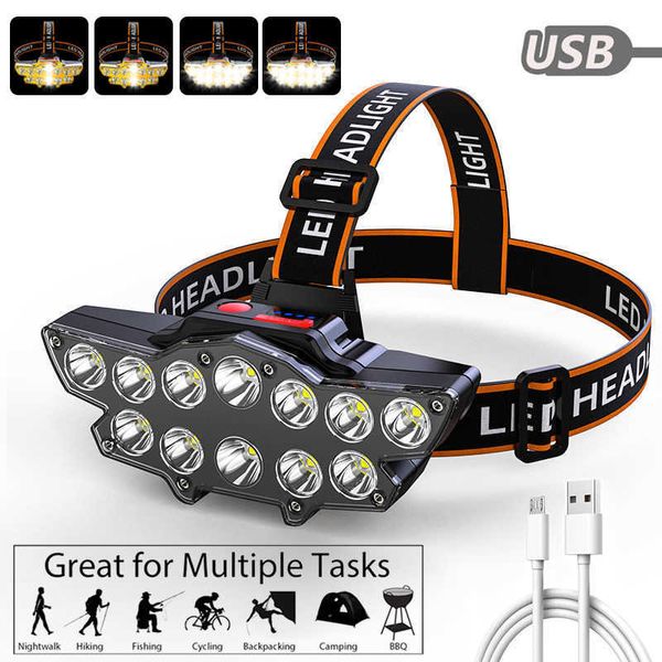 12 LED Headlamp Recarregável Farol de Pesca Ao Ar Livre Iluminação Super Brilhante Acampamento Lanterna Luz Impermeável Ao Ar Livre Run Hiking Head Lamp