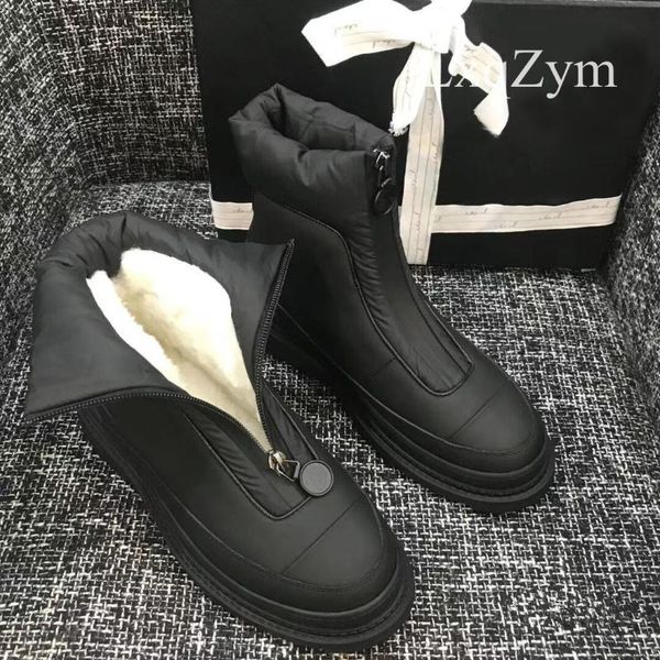 

boots genuine leather round toe square heel warm snow zipper platform waterproof down booties comfortable casual ankle bota lady, Black