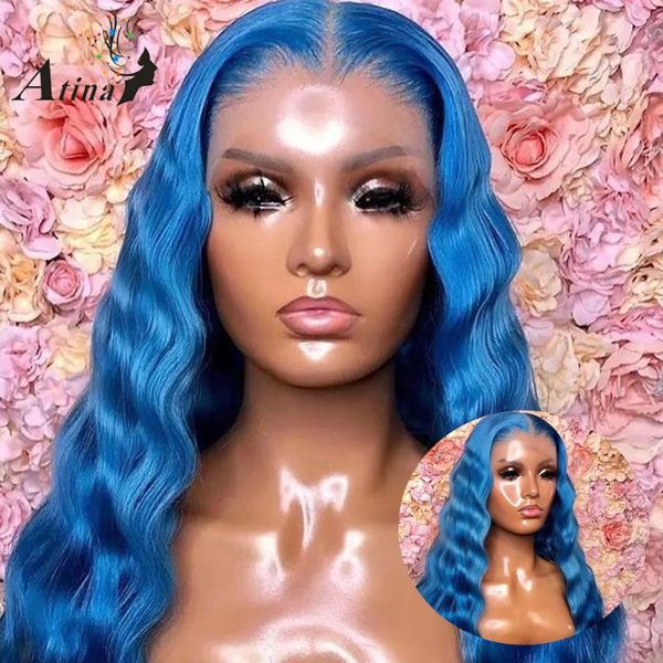

blue colored human hair wig pre plucked brazilian remy bleach knots loose deep wave hd transparent lace front wig atina, Black;brown