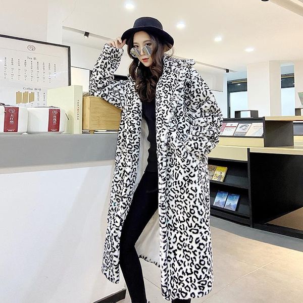 

leopard big loosen women's long winter heavy coat warm blazer design longer jacket thick stage live show ins, Black
