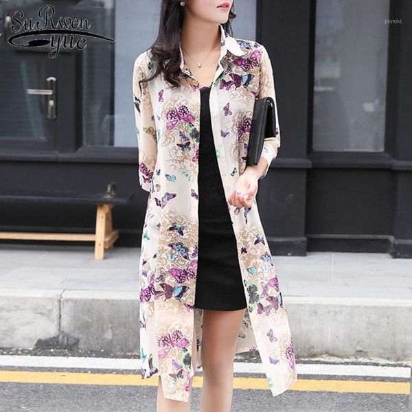 

summer sun protection women long blouses thin floral chiffon cardigan half sleeve loose flower print blouse korean clothes 41521, White
