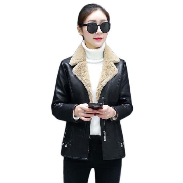 

women's leather & faux coat women plus velvet thick 2021 autumn winter korean short slim khaki gray long sleeve pu jackets feminina jd1, Black