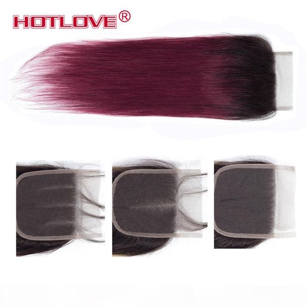 

ove brazilian straight hair weave lace closure 1b 99j ombre 4*4 lace closure middle three part pre-colored 10-20 inch ing, Black