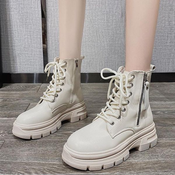 

autumn lace up high platform shoes for women 2020 pu leather flat woman ankle boots thick bottom fashion shoes ladies, Black