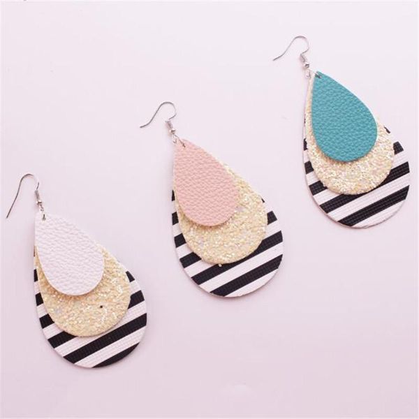 

2021 women three layer leather teardrop earrings for women pu leather sequin multicolor earrings statement fashion jewelry gifts, Silver