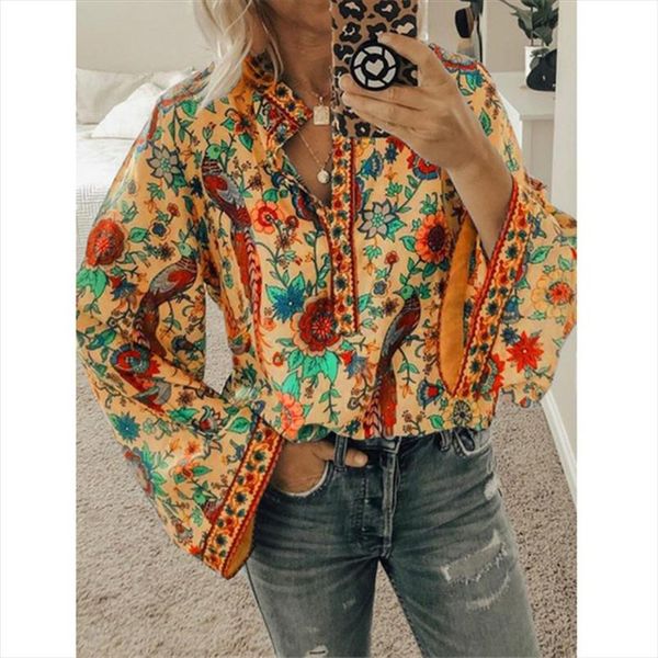 

women long sleeve loose floral print shirts autumn clothes casual button blouse office lady summer chiffon shirts and, White