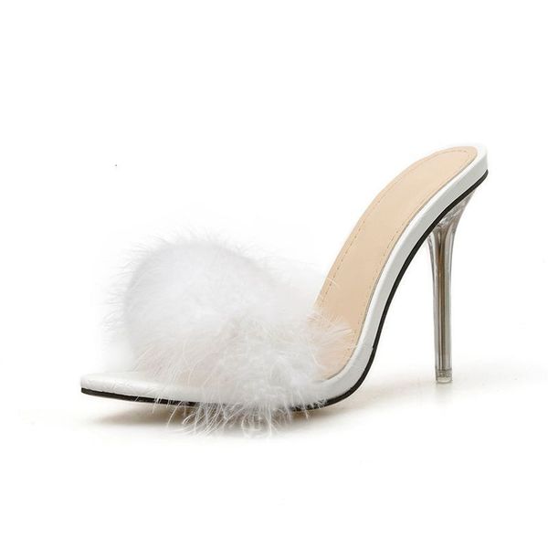 

2021 new european and american-style fluffy white pointed peep-toe-crystal thin ultra-high heels night-style slippers xd6h, Black