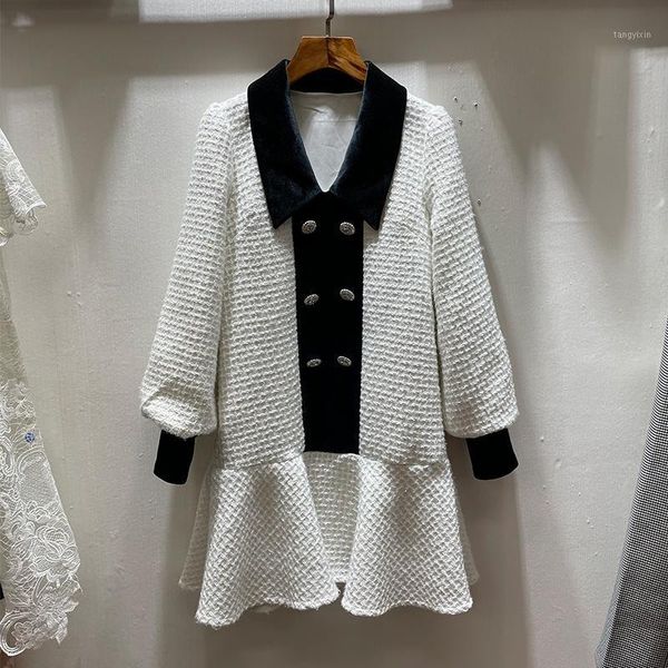 

ewq] 2021 winter female new loose casual turn down collar patchwork velour long sleeve minimalist ruffles a-line dress 8q6151, Black;gray