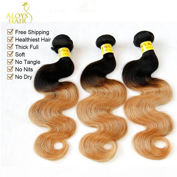 

ombre human hair weave grade 8a malaysian body wave virgin hair extensions two tone 1b 27# honey blonde ombre remy hair bundles, Black