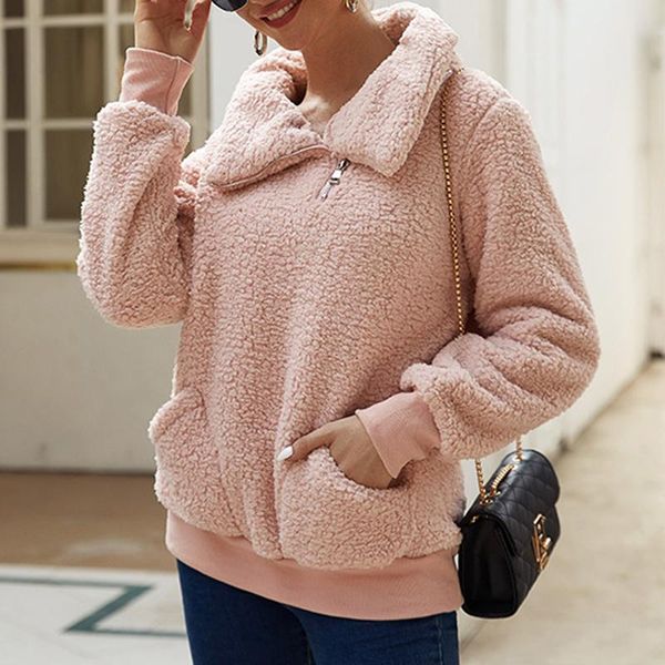 

2021 winter fleece sweater fashion solid fluffy thick sweaters warm zipper pullovers women winter coat, White;black