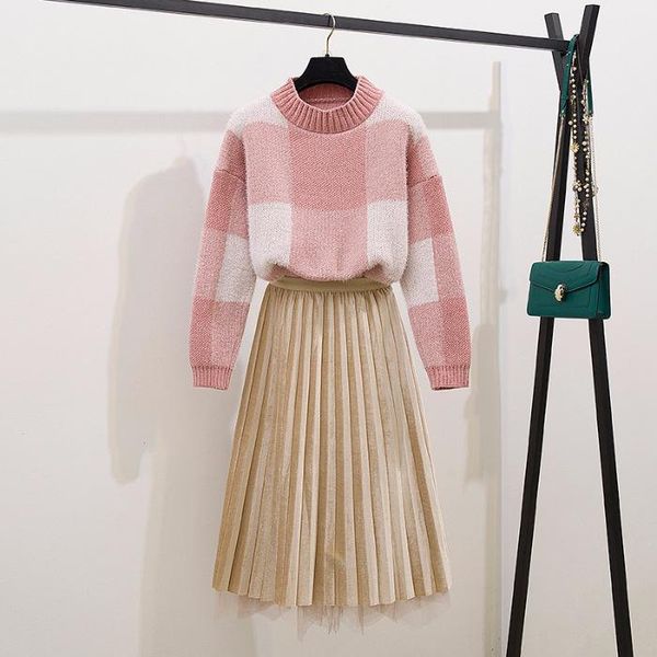 

fashion new winter women sweater knit set wear new mesh youth colored skirt fashion winter checkered fairy suit sided, White