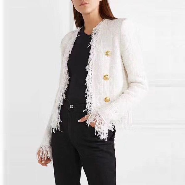 

excellent 2020 fall winter designer jacket for women metal lion buttons embellished tassel tweed fringed short jacket coat1, Black;brown