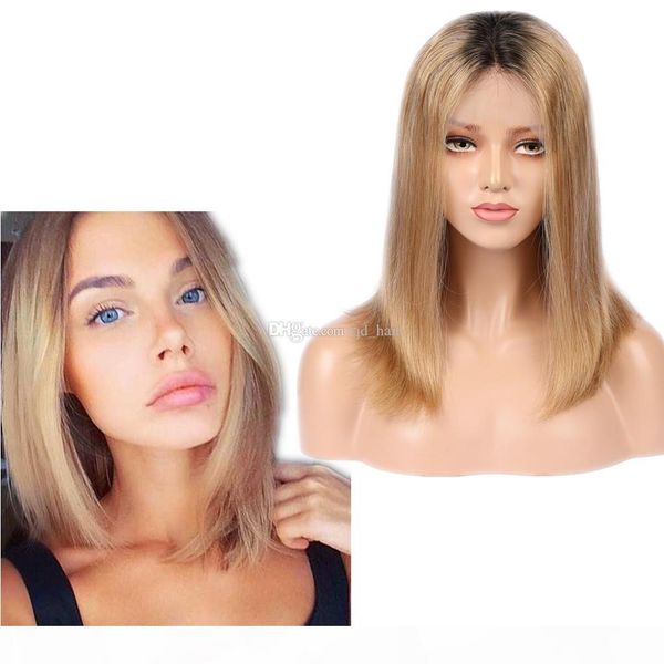 

dark root blonde human hair lace front wig with baby hair bleanched knot ombre color 1b 27 glueless full lace wig for woman, Black;brown