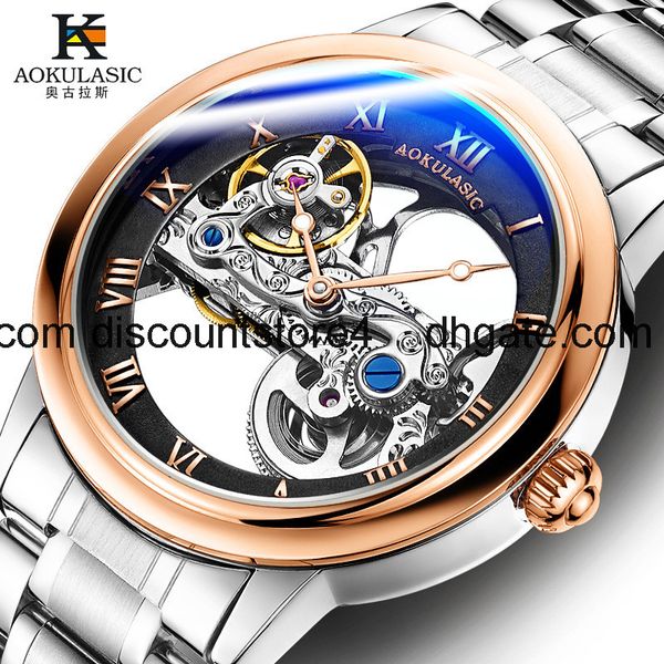 

aokulasic men's automatic mechanical watch hollow through bottom flywheel steel band watch 5003g, Slivery;brown