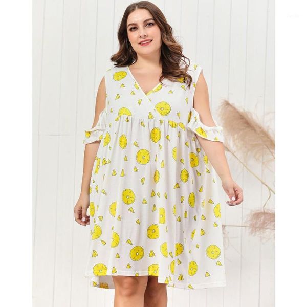 

plus size off shoulder night dress for women nightwear spring autumn printed loose sleepwear short sleeve vkdr18861, Black;red