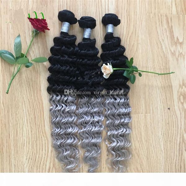 

two tone 1b grey human hair weaves sliver gray deep wave curly grey hair extensions 3pcs lot gray dark root bundles, Black;brown