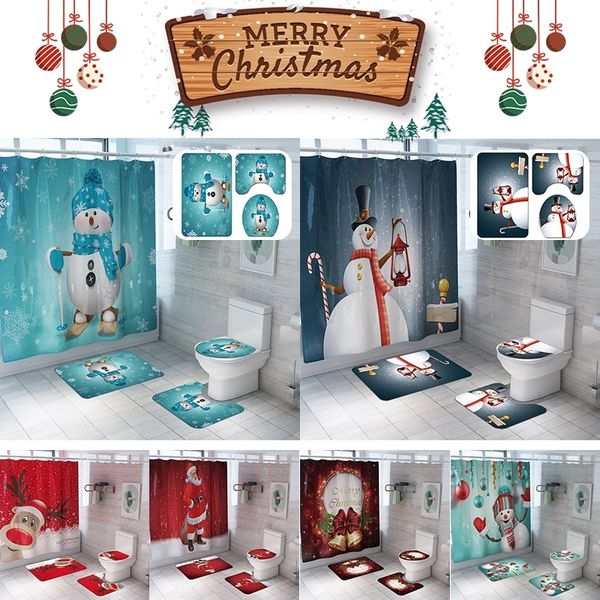 

merry christmas shower curtains santa claus snowman bells elk bathroom curtain anti-skid bath rugs set carpet toilet lid cover