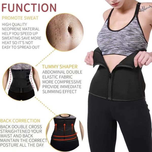 

2021 new zipper waist trainer body shaping clothes women's shaping belt waist sweat belt adjustable belt fitness products, Black;gray