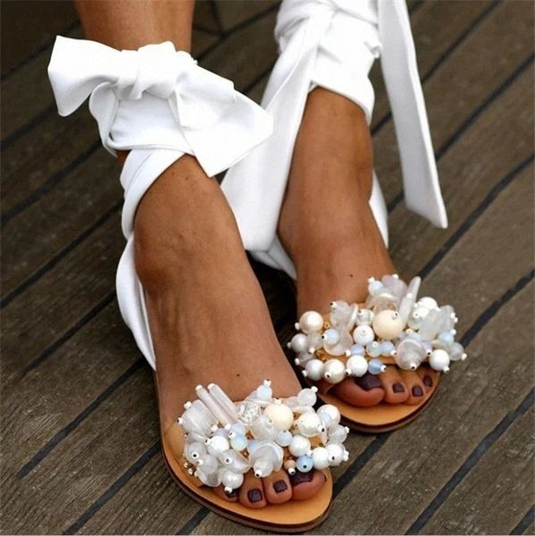 

2020 handmade sandals women flat sandals ankle strap beaded special women's shoes beach plus size 35-43 zapatos de mujer #nw8r, Black