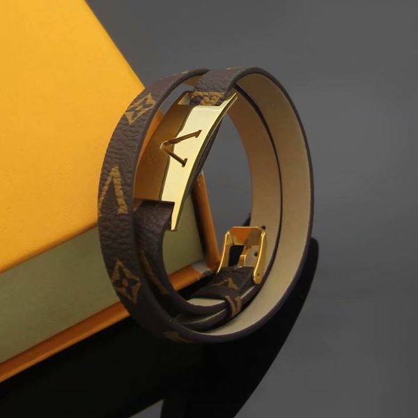 

2021europe america fashion men lady women print flower/plaid pattern design hollow out v letter metal double circle leather bracelets bangle, Black