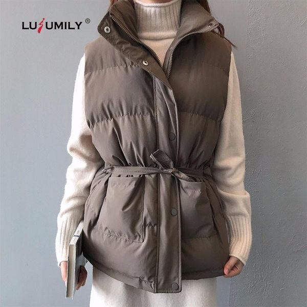 

lusumily new arrivals winter women vest sleeveless jacket stand collar belt puffer outwear warm loose cotton padded down veste, Black;white
