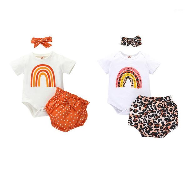 

0-24m 3pcs toddler baby girls clothing set rainbow printed short sleeve bodysuits+dot/leopard shorts+headband summer clothes1, White
