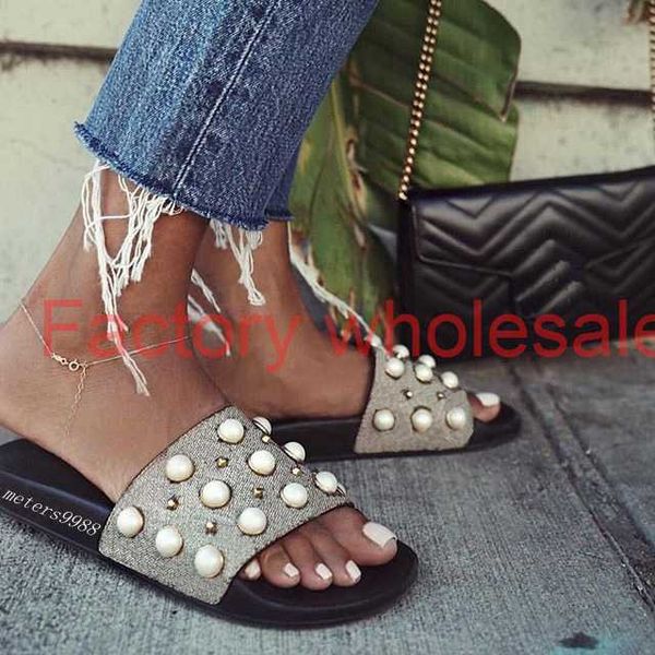 

fashion pearls embellished slide sandals mens and womens fashion causal slippers outdoor beach flip flops, Black
