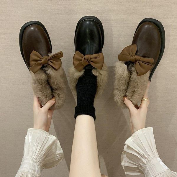

women shoes loafers new warm plush winter shoes woman pumps square toe slip on bow knot med heels comfortable ladies, Black