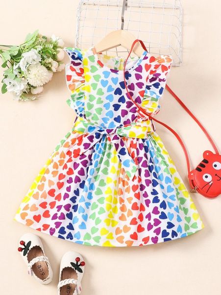 

toddler girls heart print ruffle trim belted dress she01, Red;yellow