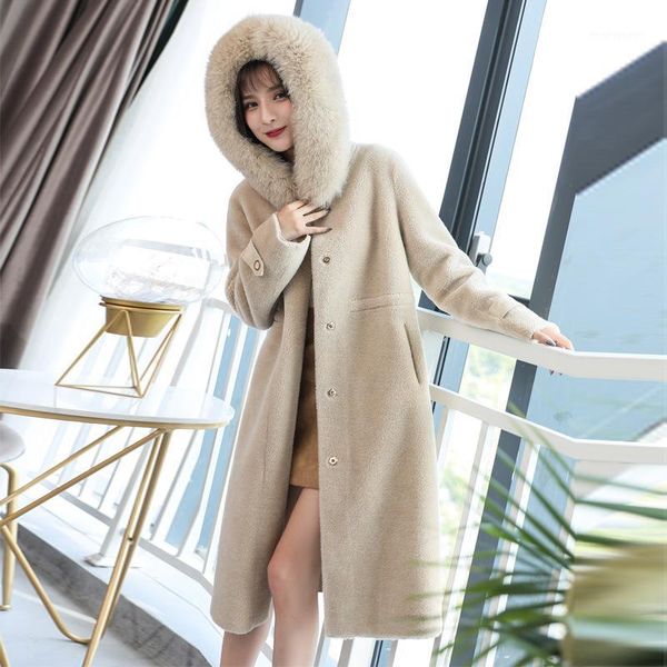 

women's fur & faux winter nature sheep sheared coat in female real collars hooded long wool coat1, Black