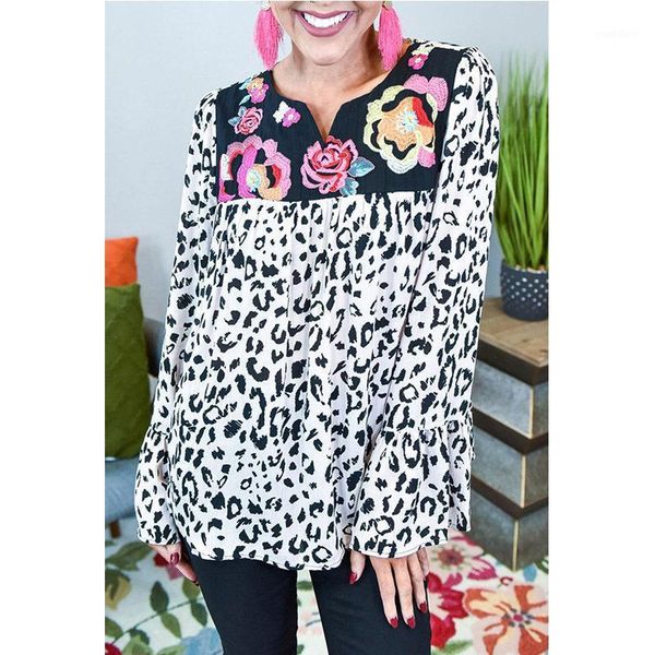 

vintage v neck long sleeve chiffon blouse floral printed shirt women leopard, White