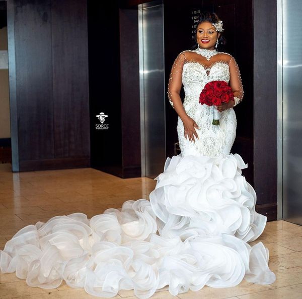 

plus size aso ebi wedding dress train flouncing ruffles long sleeves high neck crystals beaded lace-up back bridal gowns 2022 vestido de noi, White