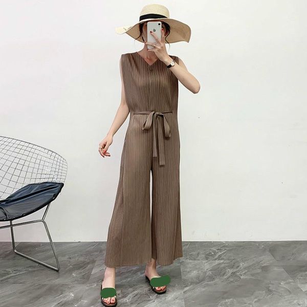 

lady new fashion 2020 new womens two 2 piece set women loose casual rompers belt vest fold big size b4131, Gray