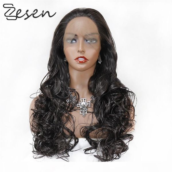 

zese13x4 black synthetic lace front wigs body wave long hair resistant glueless with natural hairline for women with baby hair