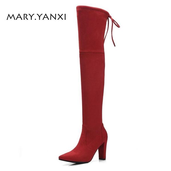 

boots winter women lady big size shoes over-the-knee long flock nubuck pointed toe high heels zipper lace-up short plush solid, Black