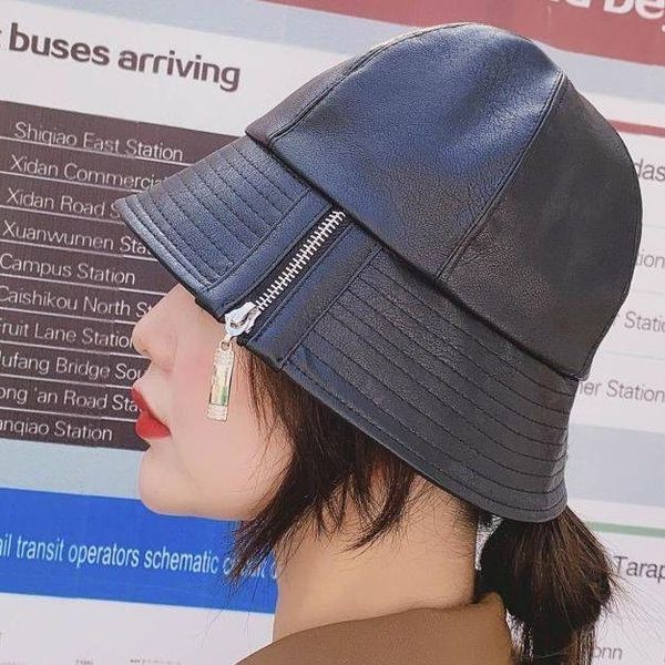 

japanese minority hat female korean pu leather bucket hat street hipster black harajuku style unique fisherman, Blue;gray