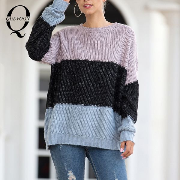 

quevoon striped women casual pullover sweaters patchwork knitting long sleeve sweater laides streetwear fashion autumn winter, White;black