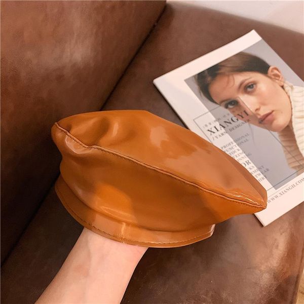 

berets reflective pu leather hats trendy fashion flat painter for women elegant textured solid color, Blue;gray