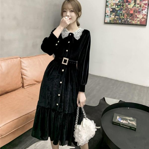 

new spring velvet dress elegant long sleeve black vintage dresses wome casual fashion party women clothing vestidos robe femme1, Black;gray