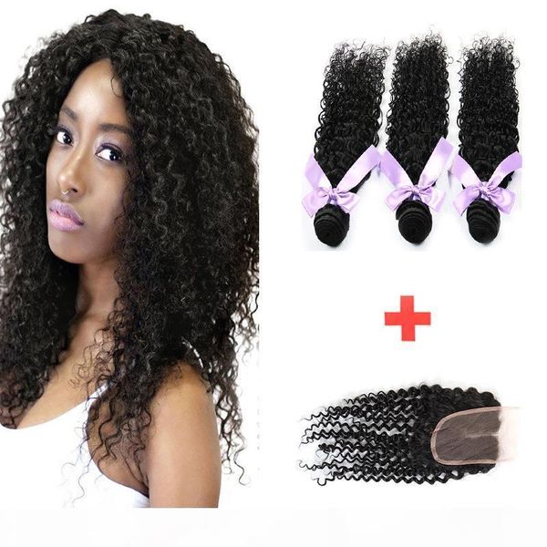 

7a lace closure with 3bundles brazilian hair mongolian kinky curly virgin human hair with closure remy brazilian afro kinky curly hair, Black