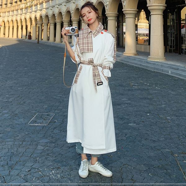 

2021 new female white jacket long section spring new fashion british plaid lacquer loose trench coat l8 3uy9, Black;brown