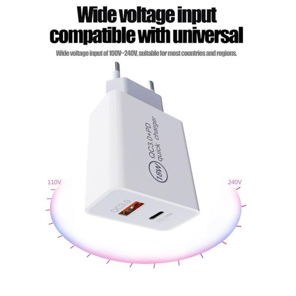 

18w pd qc 30 usb dual fast charging universal travel charger eu plug