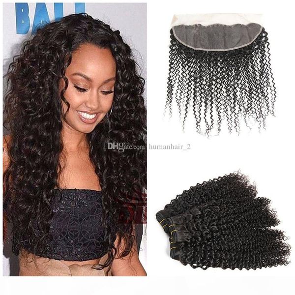 

3 bundles of kinky curly hair with pre plucked 13x4 lace frontal 8a grade brazilian peruvian indian malaysian virgin hair available, Black;brown