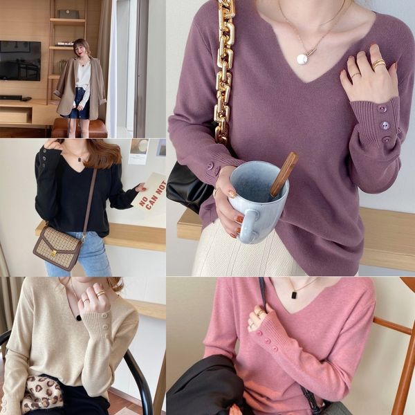 

ec835 gentle wind t-shirt autumn new v-neck loose women's wear 2020 early autumn winter sweater t-shirt sweater bottom coat zqm8a, White;black