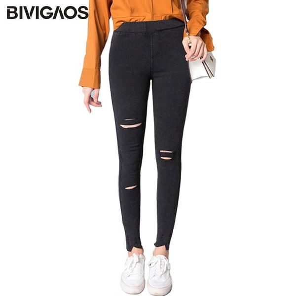 

women's jeans bivigaos fashion sand wash ripped leggings plus size holes jeggings high elastic skinny slim pencil pants for women, Blue