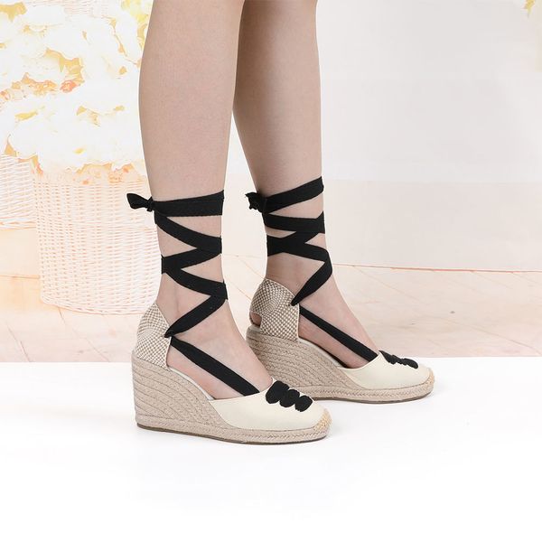 

women's wedge espadrille ankle strap sandals comfortable slippers ladies womens casual shoes breathable flax hemp canvas pumps, Black