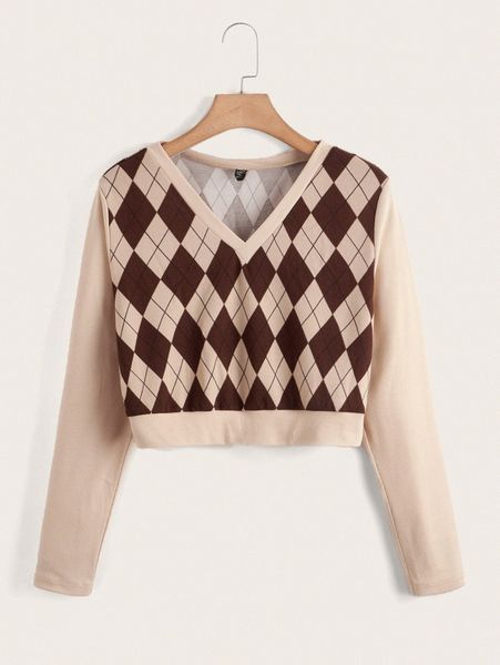 

plus argyle print v-neck crop tee l5wj#, Black