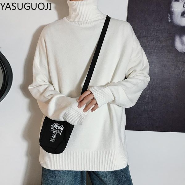 

men's sweaters yasuguoji 2021 spring men knitted sweater soilid color turtleneck casual loose pullover clothes1, White;black