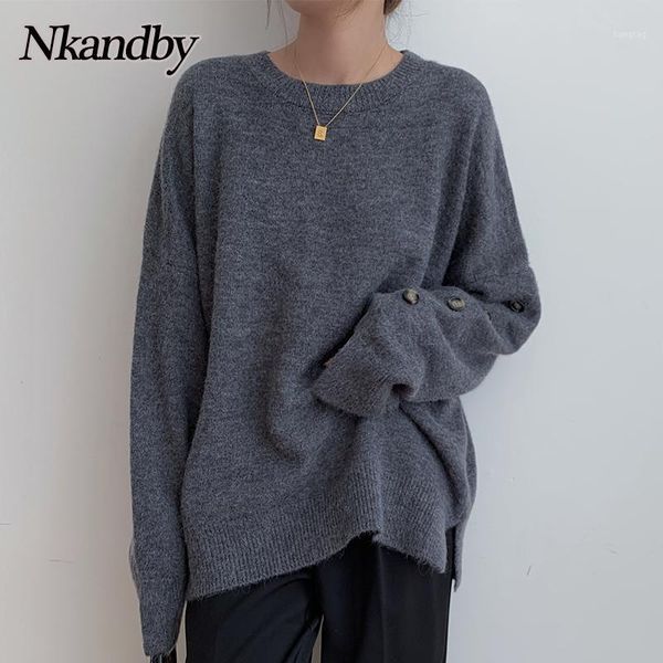 

nkandby o-neck pullover sweater women 2020 autumn winter loose button stitch jumpers oversize stylish cashmere pull knitted 1, White;black