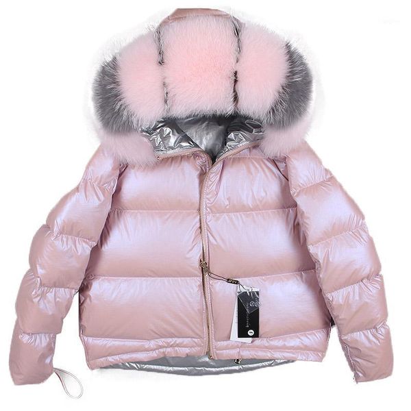 

2020 new winter jacket women down natural fur collar coat loose short white duck down real fur coat1, Black